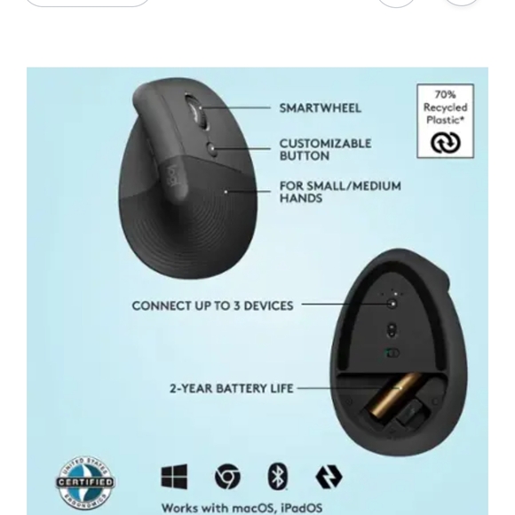 Logitech Lift Vertical Ergonomic Mouse - GRAPHITE - Picture 7 of 9